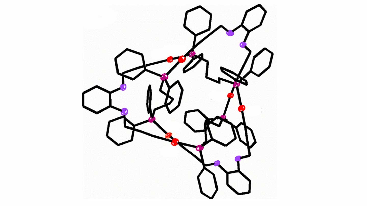 A simplified 2-D illustration of the smallest molecular node known, a chain of 54 acres, phosphorus, oxygen and carbon atoms pass three times to form a harness similar.