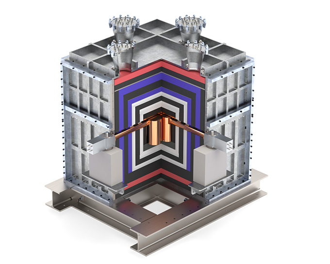 A computer interpretation shows two small copper -colored cylinders surrounded by a layered cube of other material.